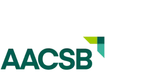 The logo of AACSB (Association to Advance Collegiate Schools of Business), featuring green and teal geometric shapes, symbolizing accreditation and excellence in business education.