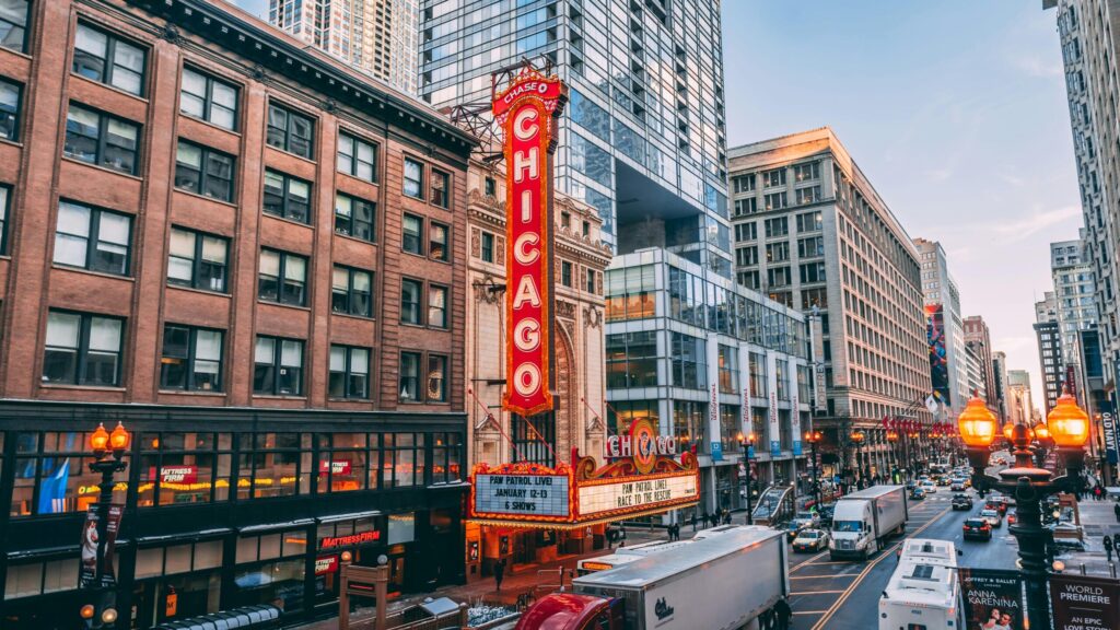 Chicago Theater with Red Neon Sign on a Busy Street (Paw Patrol is Live)